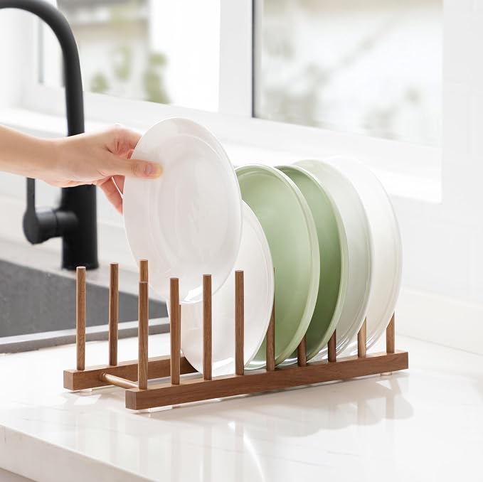 HBlife 2pcs Acacia Wooden Dish Dying Rack Pot Lid Plate Organizer Holder for Cabinet, Cutting Board Stand Drainer Storage Plate Rack for Dish, Pot Lid, Bowl, Cup, Cutting Board and Books - Image 5