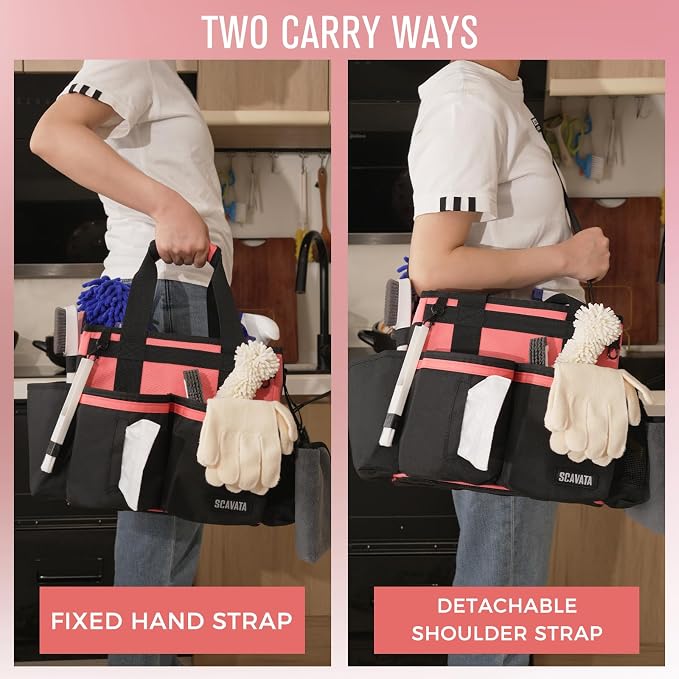 SCAVATA Compact Wearable Cleaning Caddy with Handle & Shoulder Straps | Small Cleaning Supplies Organizer, Under Sink & Car Cleaning Tools Storage Bag for Housekeepers Cleaners, Coral Pink - Image 6