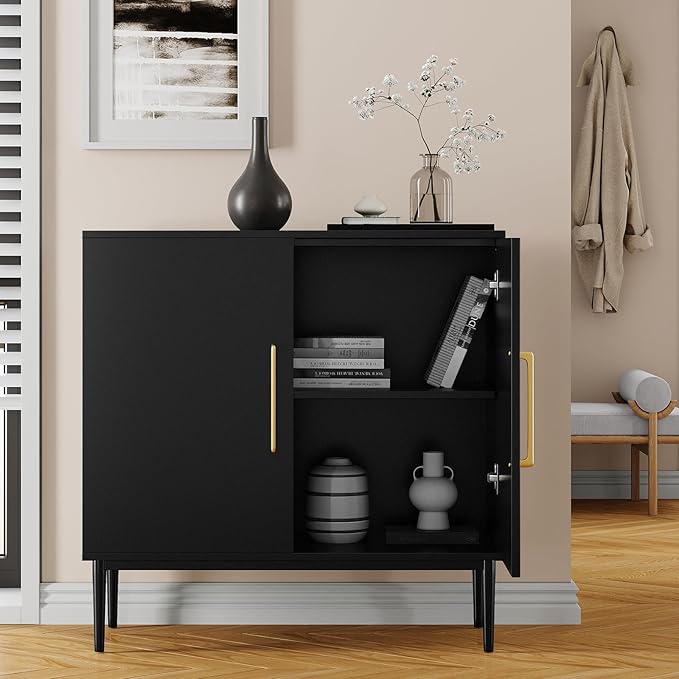 Black Storage Cabinet with Doors, Modern Accent Cabinet, Free Standing Cabinet with Adjustable Shelf, Wooden Buffet Sideboards for Living Room, Kitchen, Dining Room, Entryway - Image 4