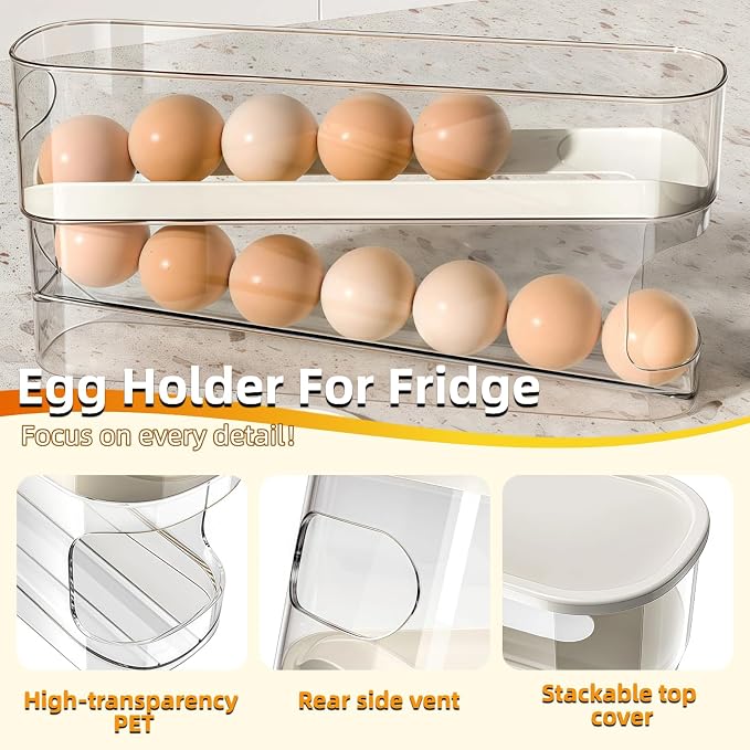 Egg Holder for Fridge, Space-Saving Automatic Rolling Egg organizer for refrigerator, 2-Layer Stackable Egg dispenser for refrigerator, Egg storage with Lid for Kitchen, Countertop, Dining Room - Image 3