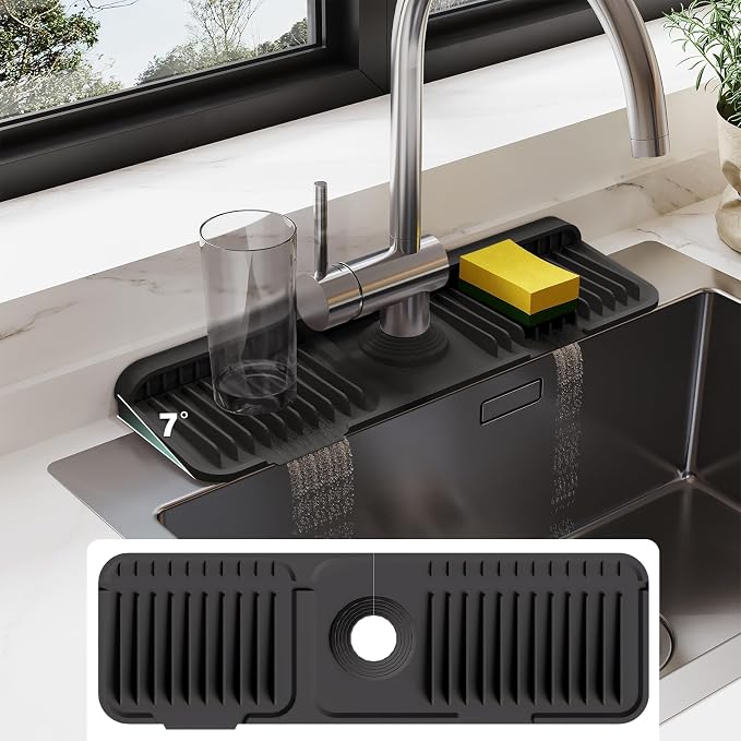 17.7-Inch Silicone Faucet Mat for Kitchen Sink Splash Guard, 7° Slope | 17.7"x5.5" water draining mat with fasten button; 1.6-2.75" customizable hole for bathroom, RV & kitchen sink drip catcher. by Doeklpo
