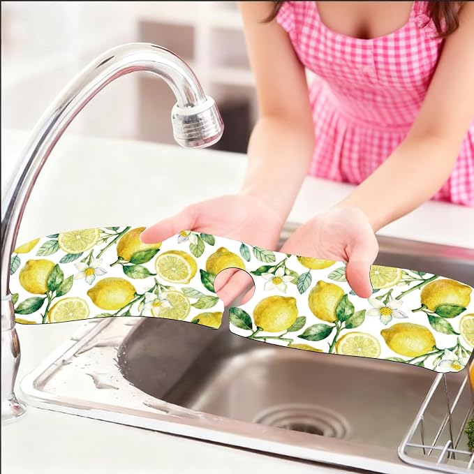 2 Pcs Kitchen Sink Splash Guard Faucet Mat Lemon Pattern Faucet Mat for Sinks Fruit Absorbing Drying Mat for Kitchen Bathroom, 23.6x5.5inch - Image 6
