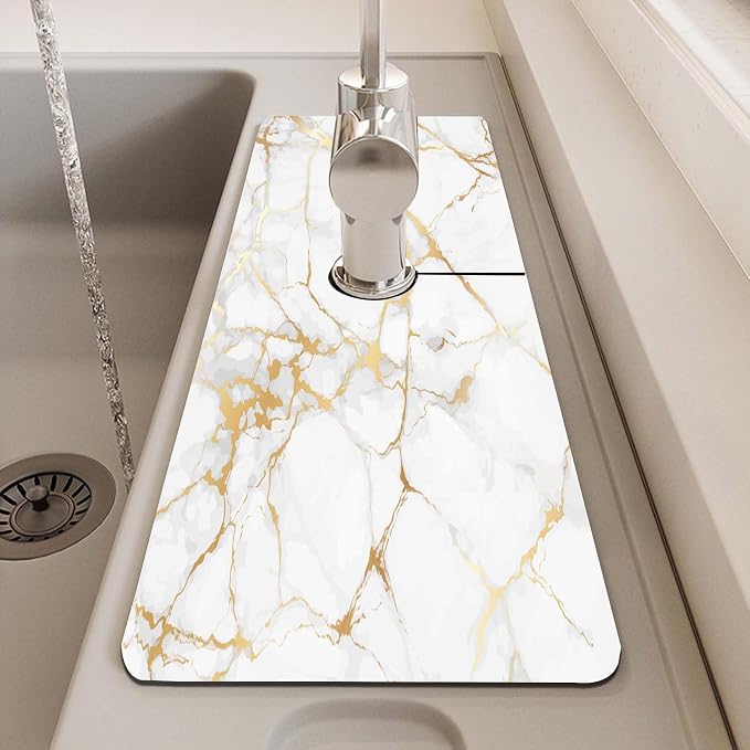 MCALK Marble White Kitchen Sink Faucet Mat Splash Guard, Absorbent Quick-Dry Kitchen Sink Mat - Ideal for Splash Guard & Drip Catching with Modern Art Decor( 1pc 15"x5.5") - Image 7