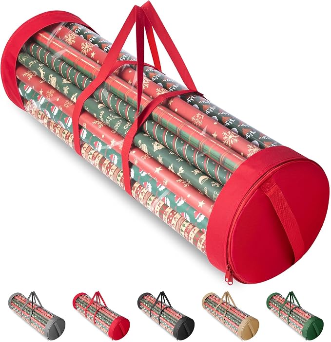 BALEINE Christmas Wrapping Paper Organizer Storage, 41" Gift Wrapping Paper Storage Containers, Clear PVC with Durable 600D Oxford Fabric Gift Wrap Paper Holder Fits 18-25 Rolls, Red by BALEINE