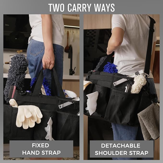 SCAVATA Wearable Cleaning Caddy Organizer with Handle & Shoulder Straps for Housekeepers, Under Sink & Car Cleaning Tool Organizer Bag with 4 Foldable Dividers (Black) - Image 6