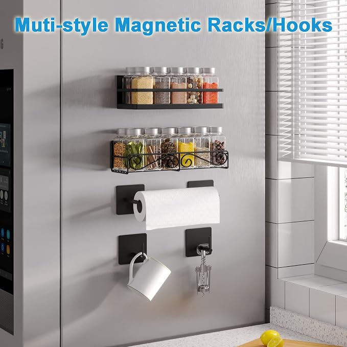 Magnetic Spice Rack, Thipoten Strong Magnetic Shelf with 2 Removable Hooks, Perfect Space Saver for Small Kitchen/ Apartment, Awesome Metal Cabinet for Holding Spices, Jars, Bottle, Beve(Black, 2Pack) - Image 4