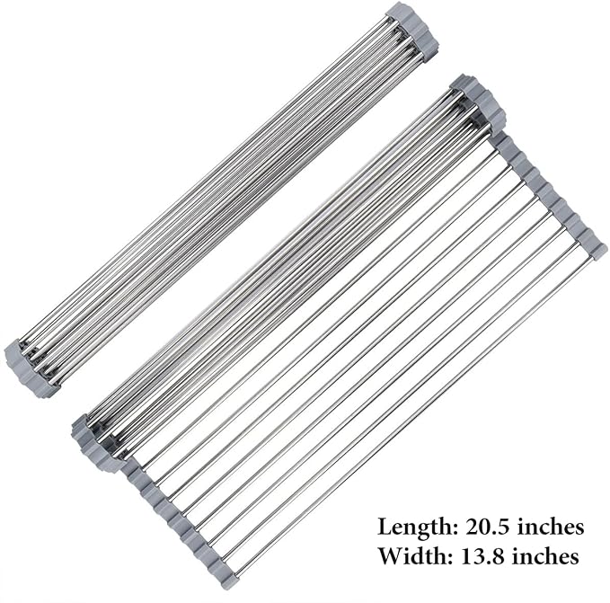 Hhyn Roll Up Dish Drying Rack 20.5"(L) x 13.8"(W), Gray | Stainless Steel and Silicone Dish Drying Mat Over The Sink Foldable Drain Rack Multipurpose Dish Drainer Extra Large - Image 3
