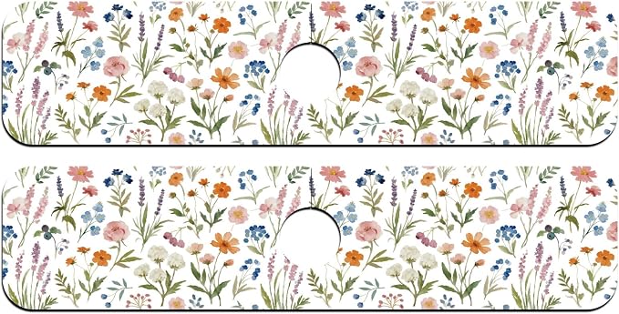 2 Pcs Kitchen Sink Splash Guard Faucet Mat Watercolor Plants Faucet Mat for Sinks Flowers Pattern Absorbing Drying Mats for Kitchen Bathroom, 23.6x5.5inch - Image 8