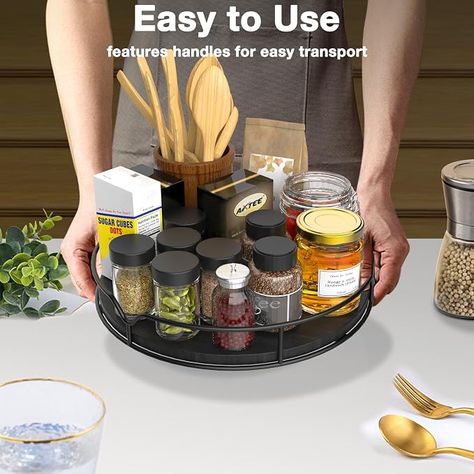 Lazy Susan Turntable Organizer with Anti-Slip Mat for Cabinet Pantry Kitchen Countertop Refrigerator Office, Pine Wood, 13", Black - Image 7