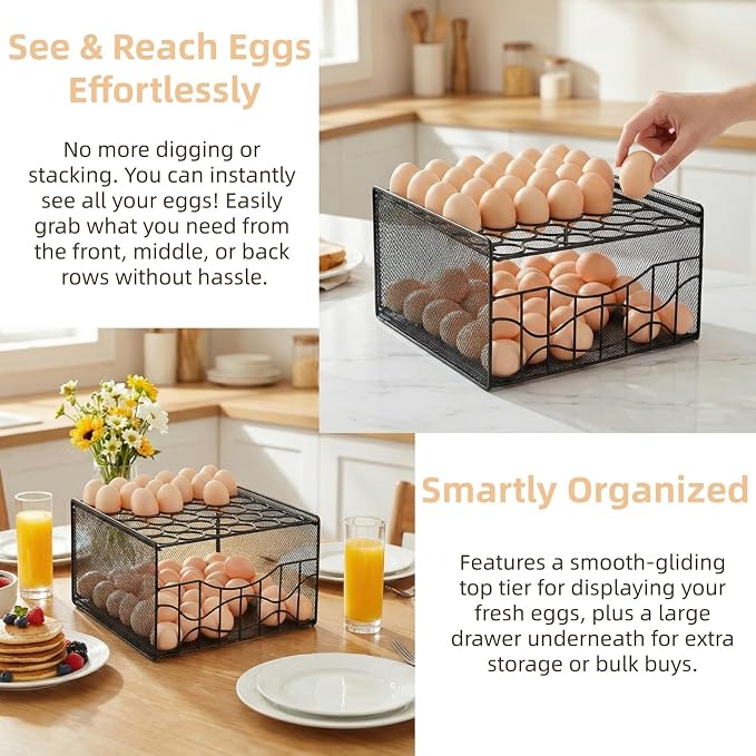 WRINGKIT Large Egg Basket for Gathering, Holds 36 + 100 Eggs | 2 Tier Fresh Egg Collecting Holder with Slide Tray, Metal Wire Farm Eggs Storage Rack for Counter, Easter Egg, Fruit, Veggie - Image 3