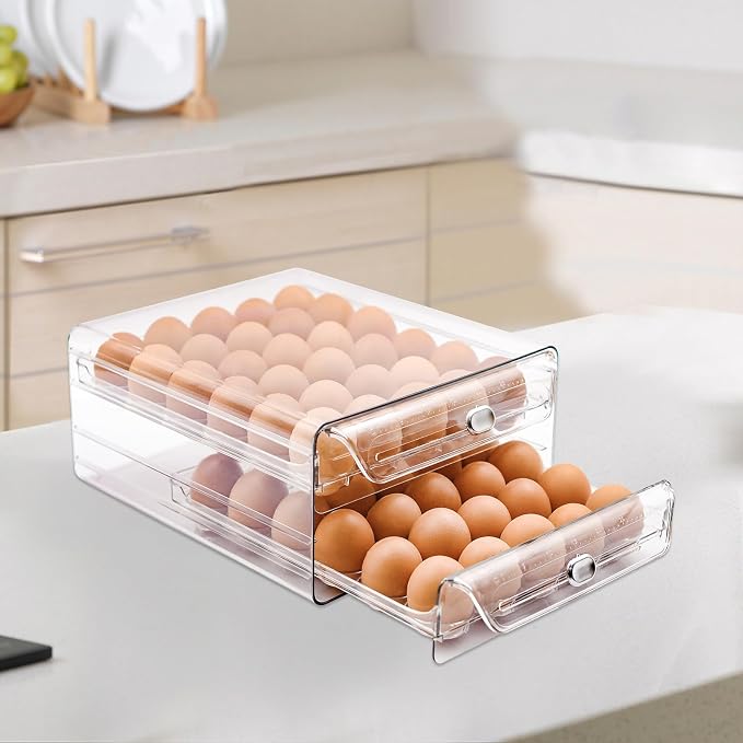 Egg Holder for Refrigerator,60 Eggs Clear Drawer Organizer | 2 Layer Stackable Egg Holder Egg Trays,Egg Storage Container with Time Scale for Fridge Countertop Cabinet - Image 9