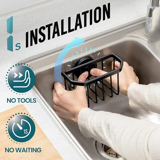 TAILI Sponge Holder for Kitchen Sink with Strong Suction Cup-Black | Removable Sink Caddy for Kitchen Sink Oganizer, Rustproof Aluminum Sink Sponge Holder for Scraper Brushes, Stoppers - Image 3