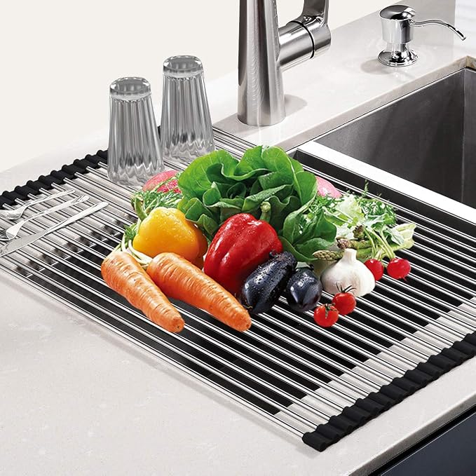 SunCleanse Roll Up Dish Drying Rack, Over The Sink Dish Drying Rack Kitchen Rolling Dish Drainer, Foldable Sink Rack Mat for Kitchen Sink Counter (17.8"x11.8") | Kitchen counter mat, rolling design, stainless steel, multipurpose, space-saving and stable - Image 8