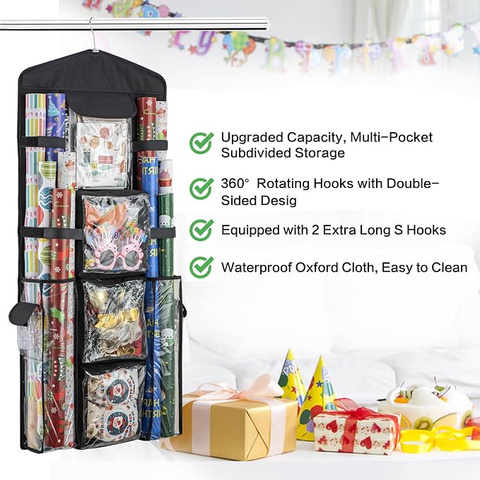 Christmas Wrapping Paper Organizer Storage, Hanging Gift Bag Storage Organizer, Double-Sided Wrapping Paper Holder Storage - Black - Image 6