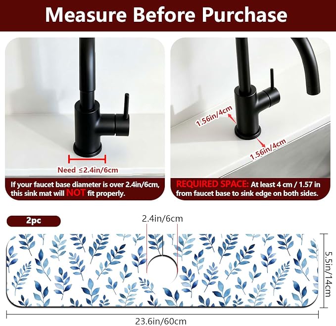 2 Pcs Kitchen Sink Splash Guard Faucet Mat Watercolor Blue Leaves Faucet Mat for Sinks Absorbing Drying Mats for Kitchen Bathroom, 23.6x5.5inch - Image 2