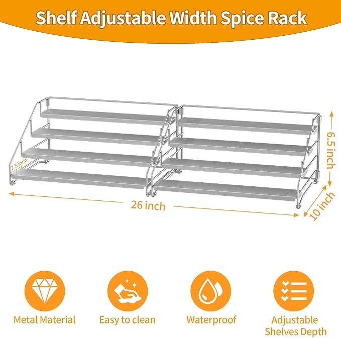 BOIVSHI 4 Tier Spice Rack for Cabinet, Depth Adjustable Spicy Shelf,Gray | Metal Seasoning Organizer, Kitchen Spicy Shelf for Countertop, Screwless Assembly Pantry Storage for for Spices, Jar, Bottle - Image 4