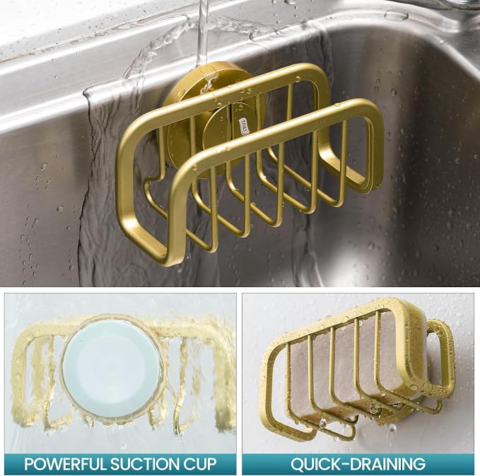 TAILI Rustproof Sponge Holder for Kitchen Sink with Suction Cup-Gold | Rustproof Aluminum Sink Caddy for Sponges, Brushes, Stoppers & Scrapers,Removable Ventilated Quick-dry Design, Holds Up 11lbs - Image 9