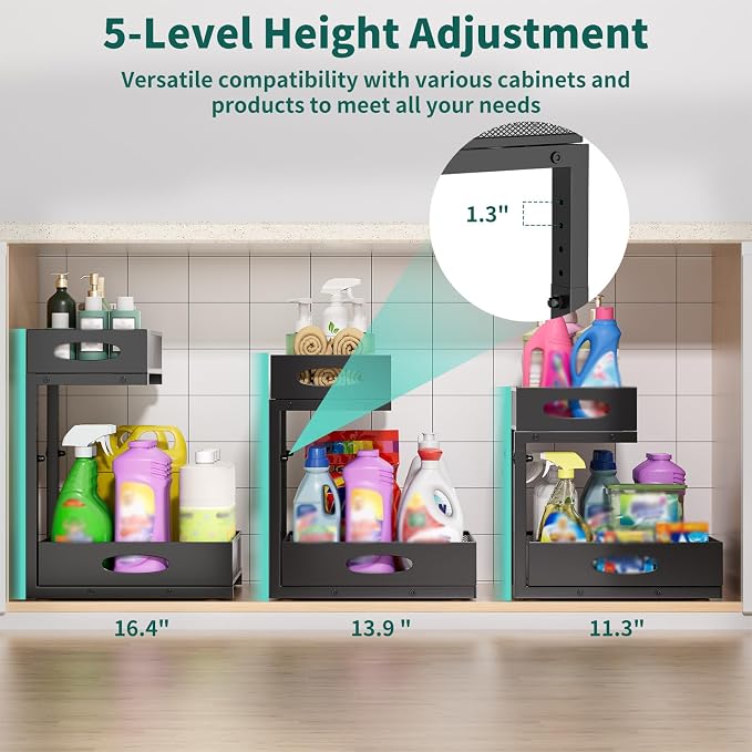 Under Sink Organizer, Extra-Wide Upgrade, 2-Pack of 2-Tier Metal Slide Out Cabinet Organizer, Height Adjustable Organization and Storage Series, Bathroom/Cabinet/Kitchen organization, Black - Image 3