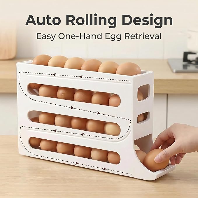 28 Egg Holder for Fridge, 4-Tier Auto Rolling Egg Organizer for Refrigerator, Gravity Slide Dispenser Rack, Space-Saving Storage (White) - Image 4