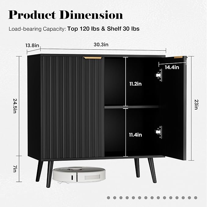 Set of 3 Fluted Storage Cabinet, Buffet Cabinet with Storage, Wood Sideboard with Adjustable Shelf, Modern Accent Cabinet & Console Table for Entryway, Living Room, Dining Room, Black - Image 2