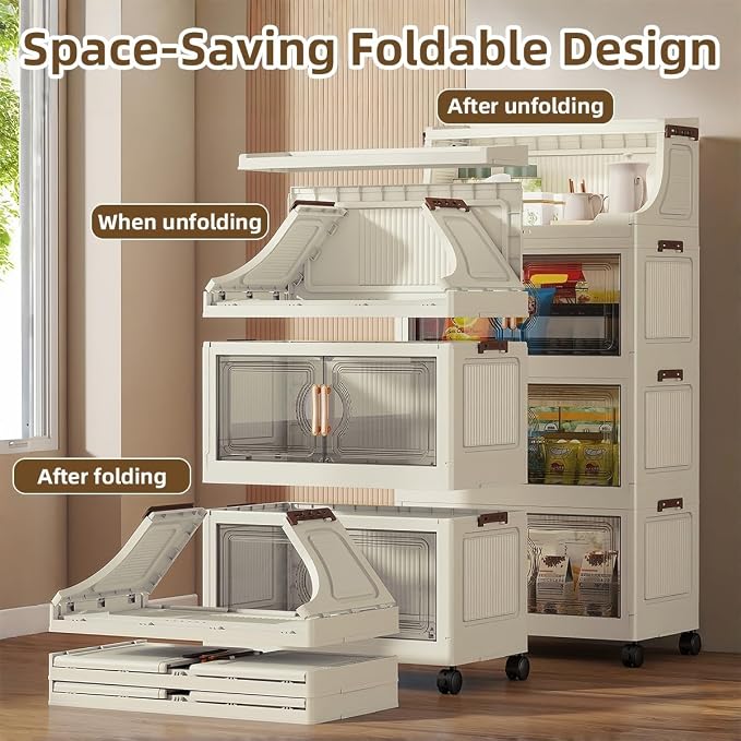 174QT Stackable Storage Bins with Lids & Rack, 4 Tier Large Capacity Foldable Storage Cabinet, Clear Collapsible Pantry Organizer for Home, Kitchen, Bathroom, Dorm, Office - Image 3