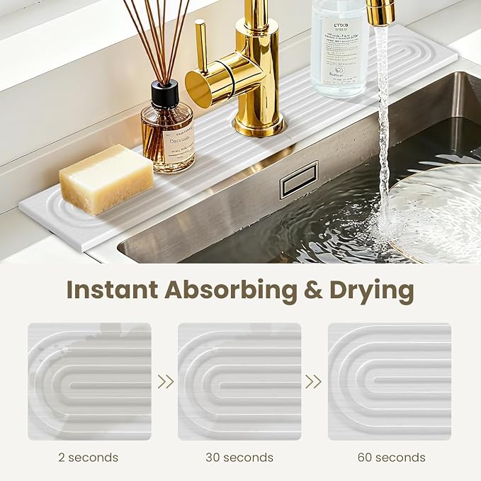 Diatomite Faucet Mat for Kitchen Sink, Quick-Dry Stone-Like Sink Mat, Flat Lay Absorbent Countertop Drying Mat for Faucet Area, Hard Diatomite Mat, White, 23.6 x 4 in - Image 5