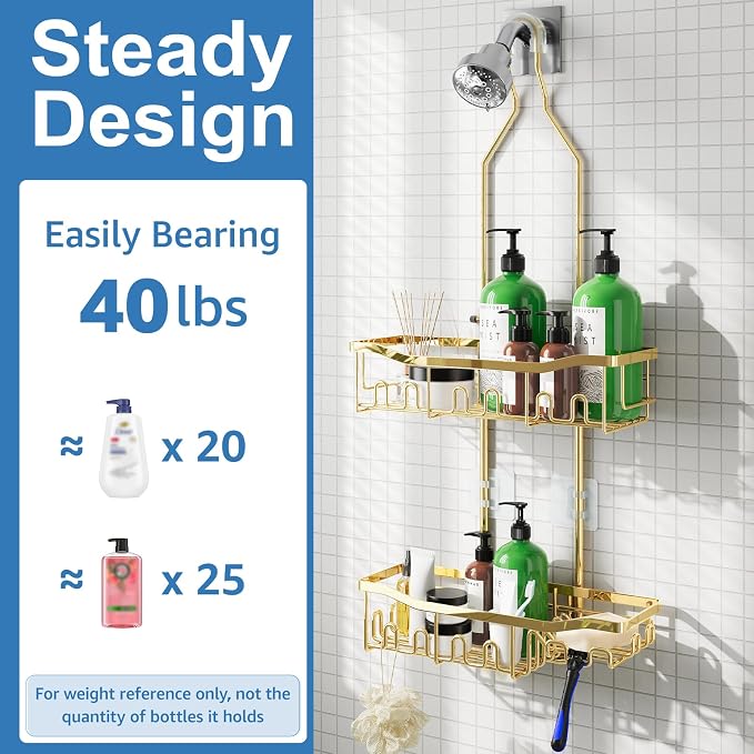 Shower Caddy, Extended Length Shower Organizer with Hooks, Rustproof Shampoo Soap Holder, Large Hanging Bathroom Caddy, Gold - Image 3