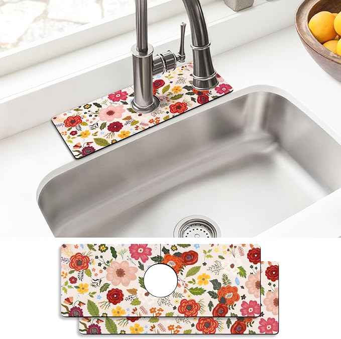 Sink Faucet Absorbing Mat, 2 Pack Drying Mat Around Faucet Sink Splash Guard Behind Faucet Sinkmat For Kitchen Bathroom Island Rv 15 * 5.5 Inch (38 * 14 cm) by BathtubMat