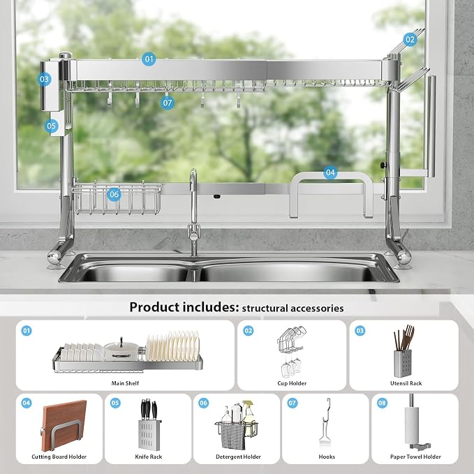 Over The Sink Dish Drainer Drying Rack 2 Tier Adjustable Width | 304 Stainless Steel Large Expandable Storage Kitchen Counter Organizer (Silver, 20.87'' to 37.6'') - Image 6