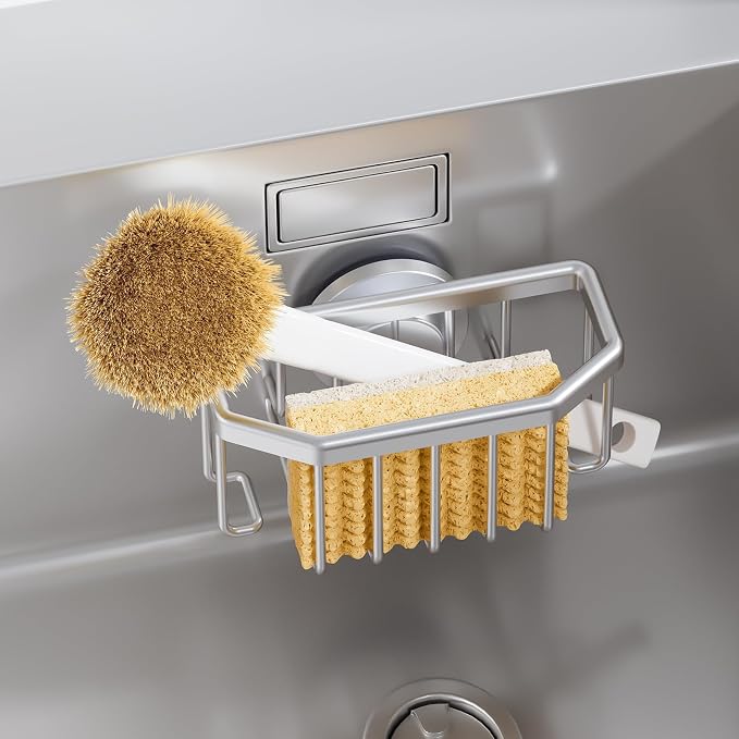 TAILI Sponge Holder for Kitchen Sink with Strong Suction Cup-Silver | Removable Sink Caddy for Kitchen Sink Oganizer, Rustproof Aluminum Sink Sponge Holder for Scraper Brushes, Stoppers by TAILI