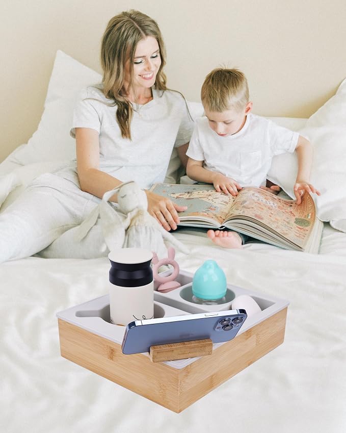 Couch Cup Holder Tray, Handy Silicone Bamboo Couch Caddy with Rotatable Phone Holder for Bed Car Seat Organizer, Waterproof Anti-Spill Sofa Cup Holder for Snacks Beverage Remote (White) - Image 2