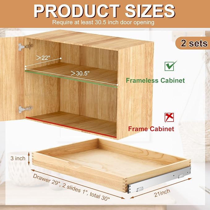 2 Set Wooden Pull out Cabinet Organizer Fully Assembled Slide out Pantry Drawer with Gentle Close Storage Shelf Tray for Base Kitchen Under Sink Bathroom Accessory(Wood Color,30'' X 21'' X 3") - Image 7