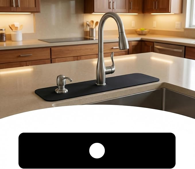 Cuttable Kitchen Sink Faucet Mat: 24"Lx5.5"W Splash Guard with Center Hole | Customizable Absorbent Non-slip Fabric Rubber Mat, Cut to Fit 2,3,4 Holes Irregular Sink with Soap Dispenser Air Gap by EazziSwitch