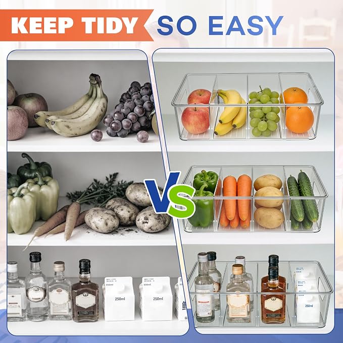 Stackable 4-Compartment Pantry Organizers and Storage, Clear Plastic Storage Bins with Removable Dividers Suitable for Pantry, Office, Kitchen, Cabinet & Fridge Organization, 2-Pack - Image 6