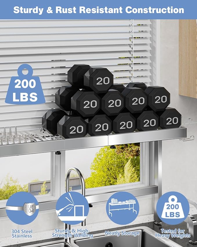 2-Tier Stainless Steel Over-the-Sink Dish Drying Rack, Expandable | Expands from 37.3 to 44.7 inches with two tiers, hooks and holders to organize cookware, dishes and utensils. - Image 4