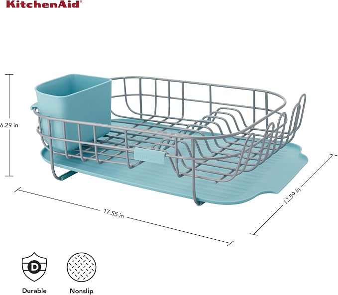 KitchenAid Low Profile Compact Dishrack with Removable Flatware Caddy and Angled Self-Draining Board, Rust Resistant Wires, 12.59 x 17.55 x 6.29 Inch, Mineral Water - Image 2