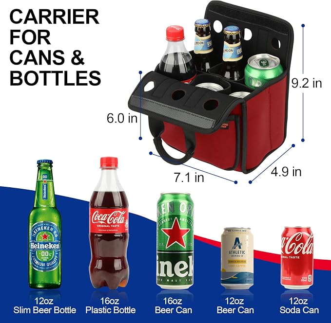 Portable Drinks Tote Bag for 6 PCS Beverage Cans/Bottles, Neoprene Insulated Drinks Can Bottle Carrier Tote Beverages Cans Cooler Bag Holder for Camping, Picnic, Party (Red) - Image 3
