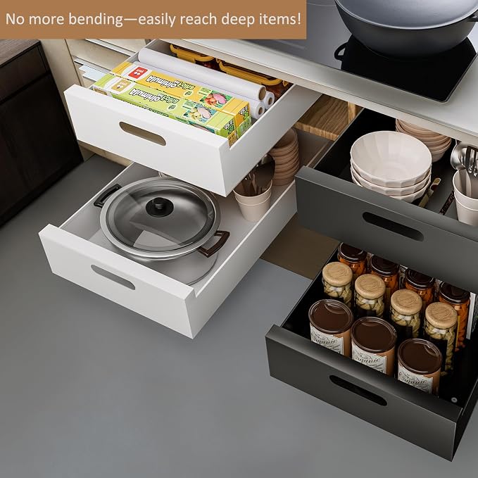 HBL' 2 Pack | 21" Deep Pull Out Cabinet Organizer Adhesive, 12-Inch Wide Sturdy Carbon Steel Roll-Out Drawers, Designed for Frameless Cabinets, Slide-Out Shelves for Pantry. - Image 6