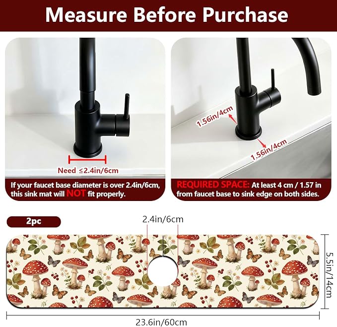 2 Pcs Plants and Mushrooms Kitchen Sink Splash Guard Faucet Mat Leaves Butterfly Faucet Mat for Sinks Absorbing Drying Mats for Kitchen Bathroom, 23.6x5.5inch - Image 2