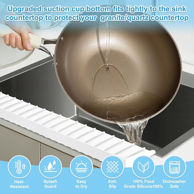 Silicone Sink Edge Protectors 4" x 24", Upgrade Kitchen Sink Splash Guards With Suction Cup, Splash Guard For Bathtub Sink, Countertop Protectors For Quartz Kitchen Sink（Transparent White） - Image 5