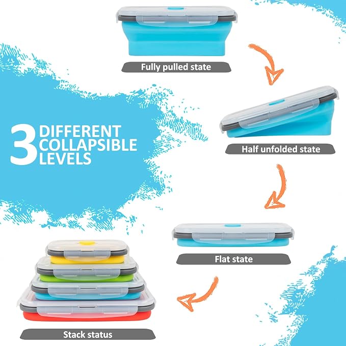 Collapsible Silicone Food Storage Containers Set with Lid & Air Vent, Foldable Lunch Containers, 16 Pack (8 Rectangular + 8 Round Bowls), BPA-Free, Space-Saving - Image 3