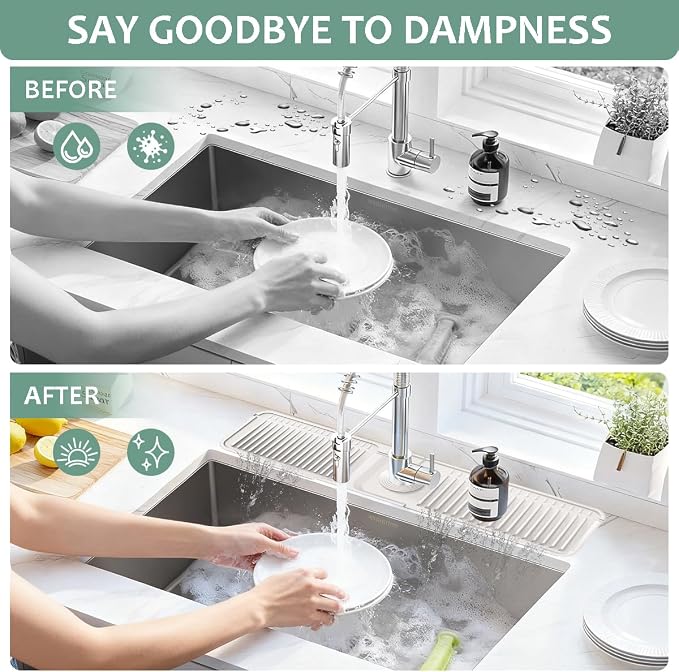 24 Inch Upgraded Draining Mat Folding faucet Mat for Bathroom Sink Splash Guard 7° Slope with Button Lock Water Draining Pad for Kitchen Bathroom Bar(Beige) - Image 4