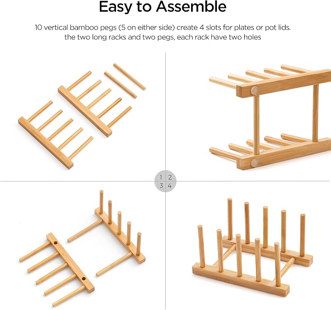 Bamboo Dish Drying Rack for Kitchen Counter & Cabinet (4 Slots) | Detachable Dish/Book/Plate/Bowl/Cup/Cutting Board/Pot Lid Organizer for Kitchen, Living Room, Study, Display Cabinet - Image 3