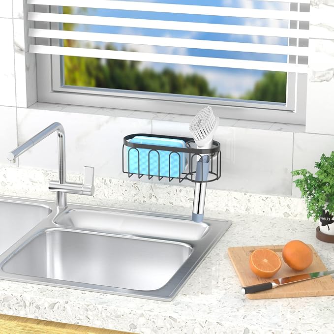 2-in-1 Sponge Holder for Kitchen Sink, Sink Caddy Kitchen Sink Organizer with 3 Suction Cups, No Drill Rustproof Sink Sponge Holder for Dish Brush, Soap & Sponge (Black) - Image 4