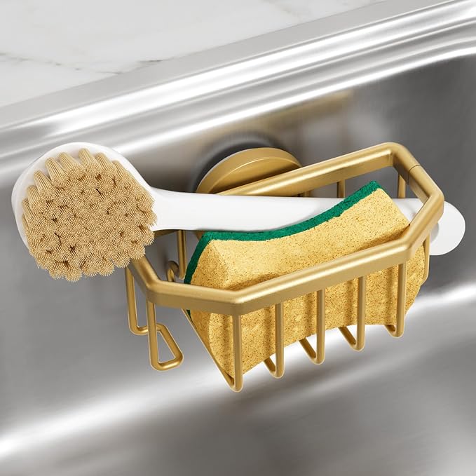 TAILI Sponge Holder for Kitchen Sink with Suction Cup-Gold, Aluminum | Rustproof Aluminum Sink Caddy for Sponges,Brushes,Stoppers & Scrapers,Removable Ventilated Quick-dry Design, holds Up 11lbs by TAILI