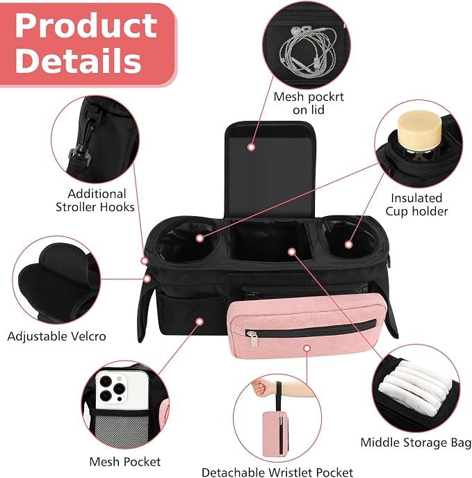 Accmor Universal Stroller Organizer with Insulated Cup Holder Detachable Phone Bag and Shoulder Strap,Stroller Bag Caddy Organizer for Uppababy, Baby Jogger, Britax Strollers - Image 4