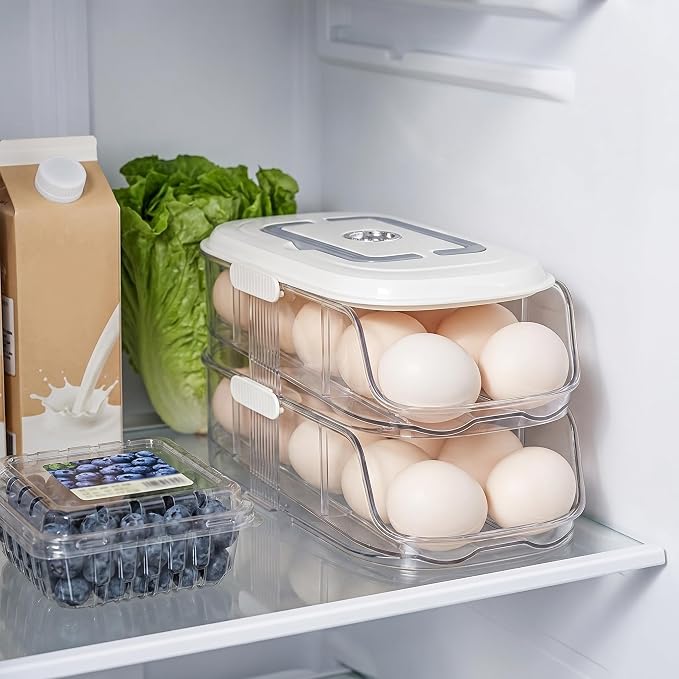 2-Tier Fridge Egg Organizer and Stackable Egg Container for Refrigerator with Dispenser Tray - Image 8