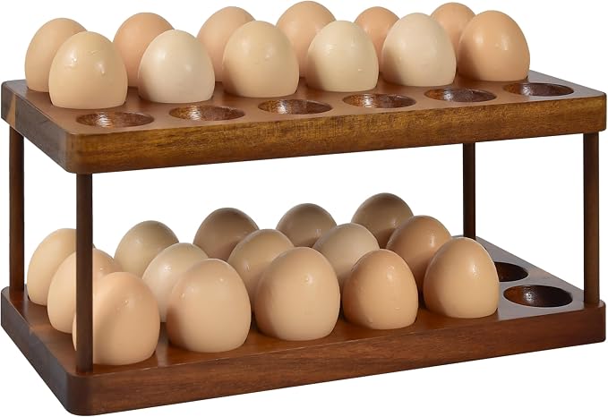 Sishynio 2 Tier Acacia Wood Egg Holder Countertop, 36 Egg Storage Rack | Double Layer Farmhouse Kitchen Egg Tray Organizer; Fresh Egg Storage Rack Basket for Countertop, Fridge, Cabinets and Pantry by Sishynio