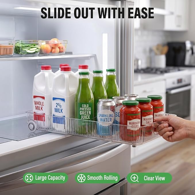 Pull Out Fridge Organizer Bins with Wheels, 8 Dividers, 2-Pack | Clear PET storage bins with handles, rear wheels and adjustable dividers for refrigerator, pantry and cabinet shelves - Image 2