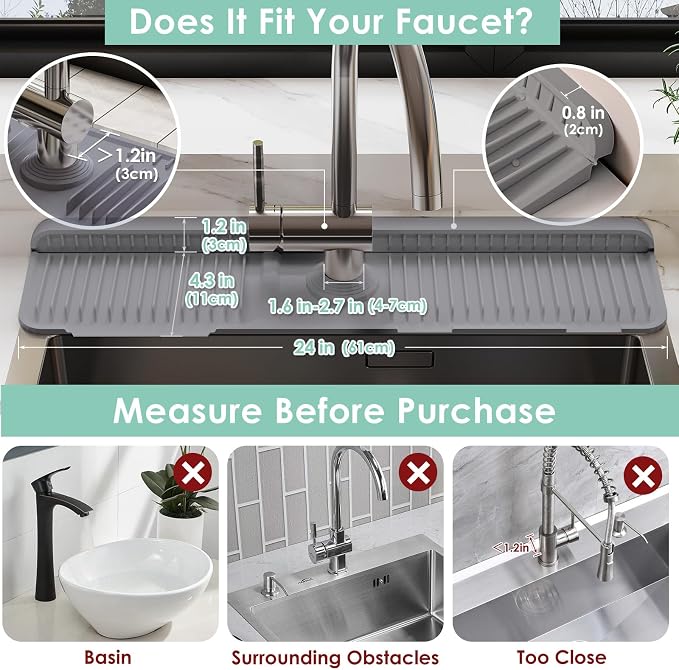 24-Inch Silicone Faucet Mat for Kitchen Sink Splash Guard, 7° Slope | 24"x5.5" water draining mat with fasten button; 1.6-2.75" customizable hole for bathroom, RV & kitchen sink drip catcher. - Image 2